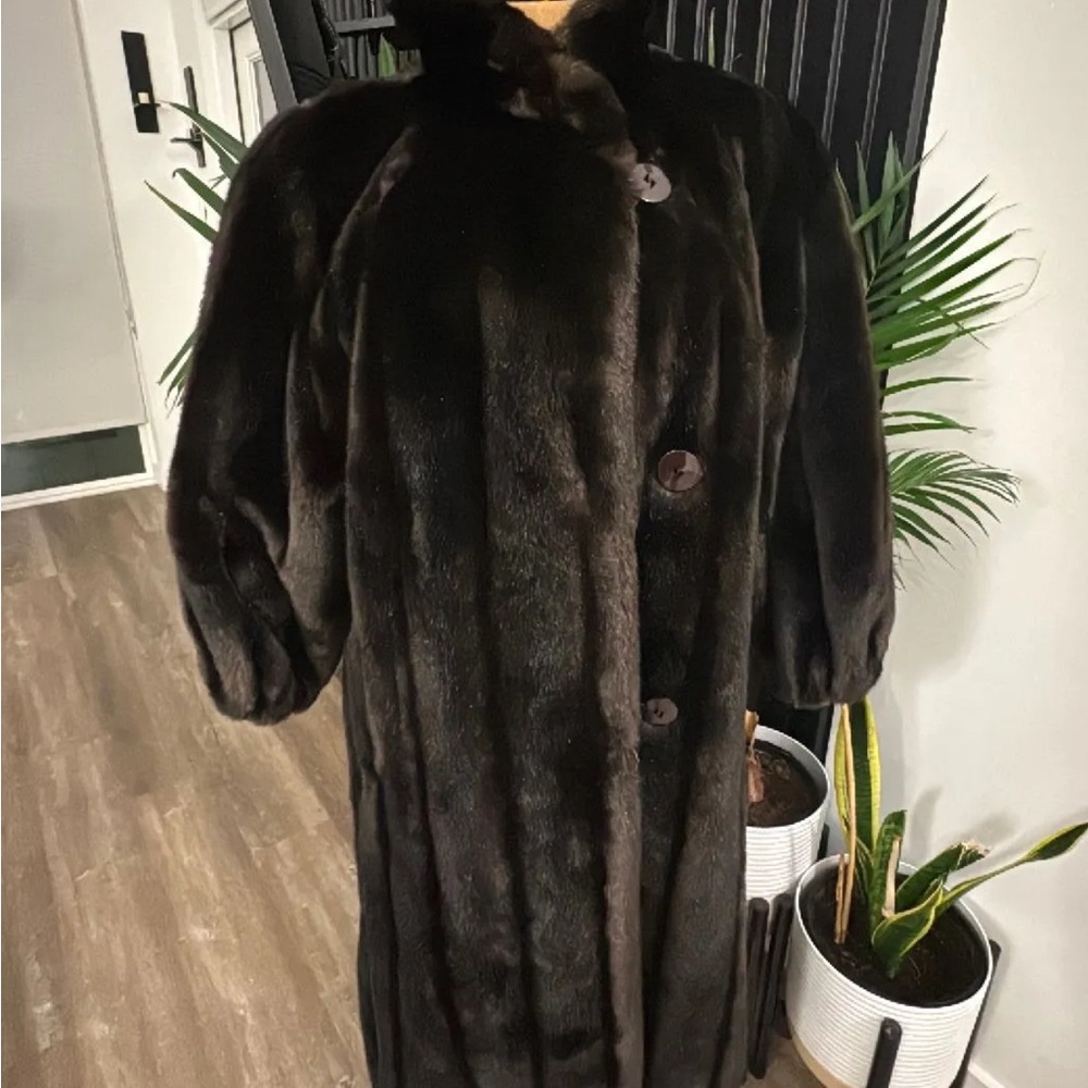 ((SOLD)) Vintage Full Length Dark Brown Faux Fur Mink Coat